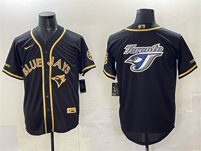 Men's Toronto Blue Jays Team Big Logo Black Gold Cool Base Stitched Jersey Men's Toronto Blue Jays Team Big Logo Black Gold Cool Base Stitched Jersey