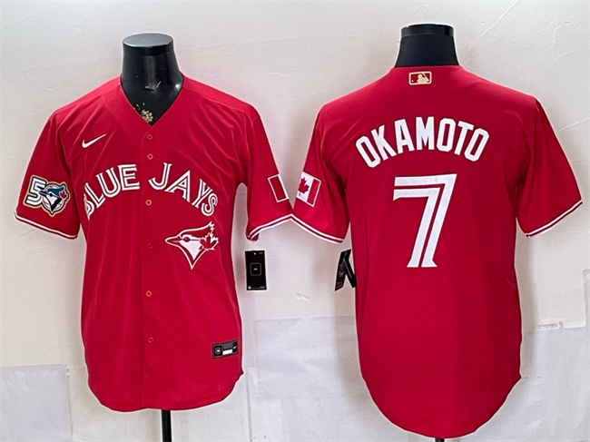 Men's Toronto Blue Jays #7 Kazuma Okamoto Red 50 Seasons Patch Stitched Baseball Jersey Men's Toronto Blue Jays #7 Kazuma Okamoto Red 50 Seasons Patch Stitched Baseball Jersey