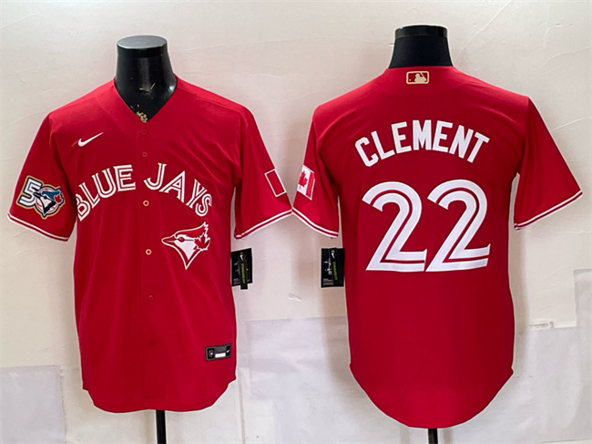 Men's Toronto Blue Jays #22 Ernie Clement Red 50 Seasons Patch Stitched Baseball Jersey Men's Toronto Blue Jays #22 Ernie Clement Red 50 Seasons Patch Stitched Baseball Jersey