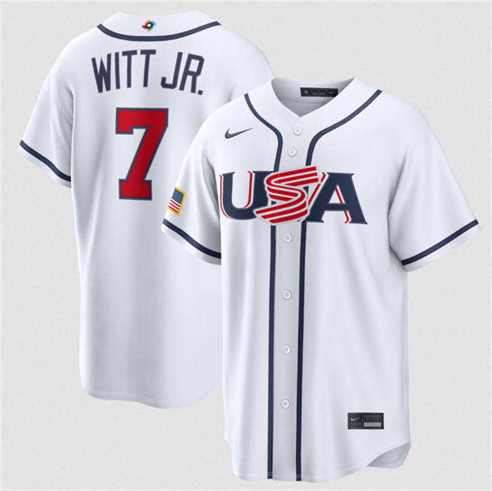 Men's USA Baseball #7 Bobby Witt Jr. White 2026 World Baseball Classic Home Stadium Stitched Jersey Men's USA Baseball #7 Bobby Witt Jr. White 2026 World Baseball Classic Home Stadium Stitched Jersey