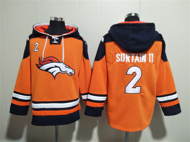 Men's Denver Broncos #2 Pat Surtain II Orange Navy Ageless Must-Have Lace-Up Pullover Hoodie Men's Denver Broncos #2 Pat Surtain II Orange Navy Ageless Must-Have Lace-Up Pullover Hoodie