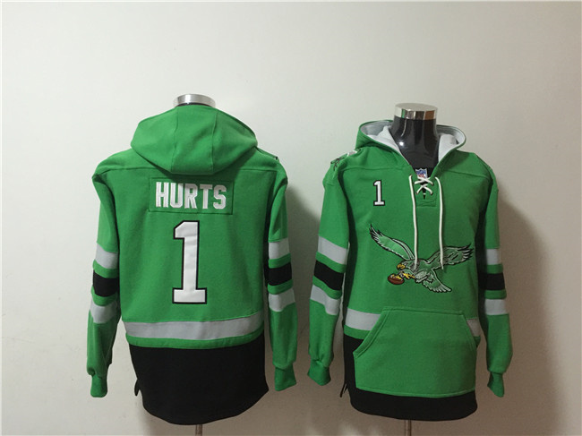 Men's Philadelphia Eagles #1 Jalen Hurts Green Ageless Must-Have Lace-Up Pullover Hoodie Men's Philadelphia Eagles #1 Jalen Hurts Green Ageless Must-Have Lace-Up Pullover Hoodie
