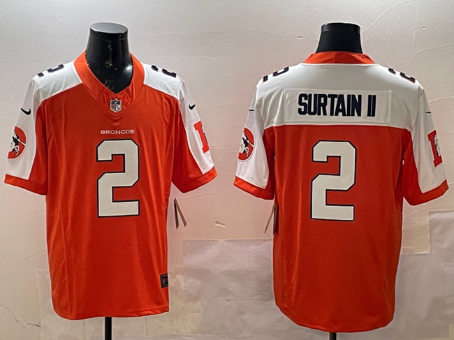 Men's Denver Broncos #2 Patrick Surtain II Orange White 2024 F.U.S.E. V2 Throwback Vapor Limited Alternate Stitched Football Jersey Men's Denver Broncos #2 Patrick Surtain II Orange White 2024 F.U.S.E. V2 Throwback Vapor Limited Alternate Stitched Football Jersey