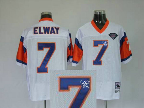 Denver Broncos 7# John Elway White Throwback Jersey(Signed Elite)