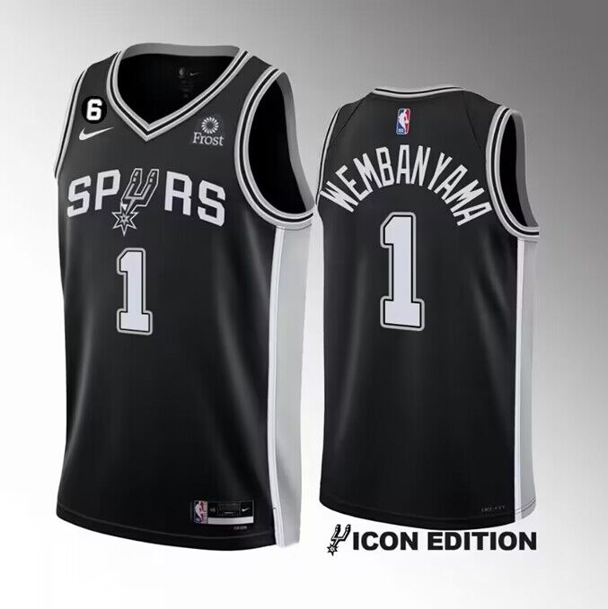 Men's San Antonio Spurs #1 Victor Wembanyama Black 2022 23 Icon Edition With NO.6 Patch Stitched Basketball Jersey Men's San Antonio Spurs #1 Victor Wembanyama Black 2022 23 Icon Edition With NO.6 Patch Stitched Basketball Jersey