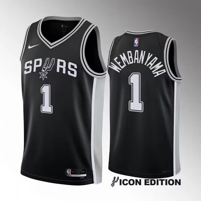Men's San Antonio Spurs #1 Victor Wembanyama Black 2022 23 Icon Edition Stitched Basketball JerseyS Men's San Antonio Spurs #1 Victor Wembanyama Black 2022 23 Icon Edition Stitched Basketball JerseyS