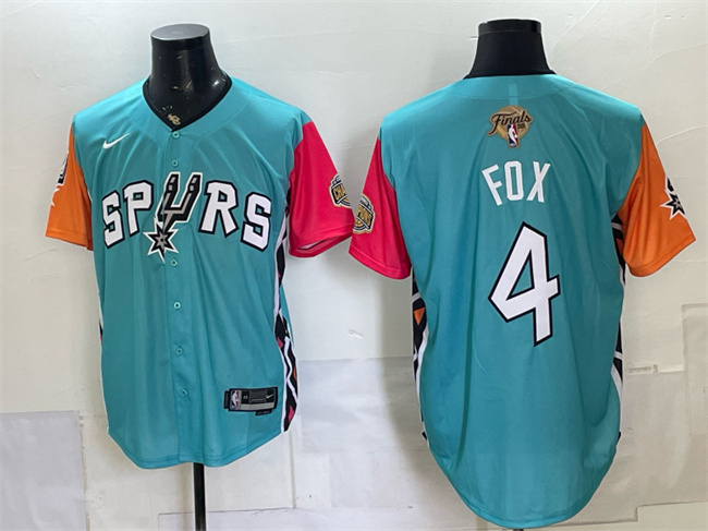 Men's San Antonio Spurs #4 De'Aaron Fox Teal 2026 Finals Patch Stitched Baseball Jersey Men's San Antonio Spurs #4 De'Aaron Fox Teal 2026 Finals Patch Stitched Baseball Jersey