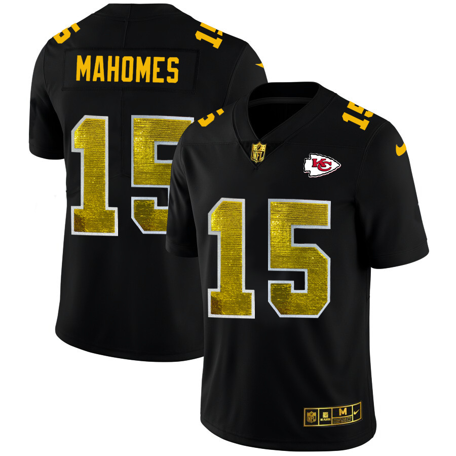 Kansas City Chiefs #15 Patrick Mahomes Men's Black Nike Golden Sequin Vapor Limited NFL Jersey Kansas City Chiefs #15 Patrick Mahomes Men's Black Nike Golden Sequin Vapor Limited NFL Jersey
