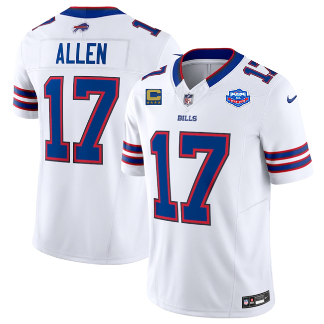 Men's Buffalo Bills #17 Josh Allen White 2025 F.U.S.E. With Farewell Patch And 4-Star C Patch Vapor Untouchable Limited Stitched Football Jersey Men's Buffalo Bills #17 Josh Allen White 2025 F.U.S.E. With Farewell Patch And 4-Star C Patch Vapor Untouchable Limited Stitched Football Jersey