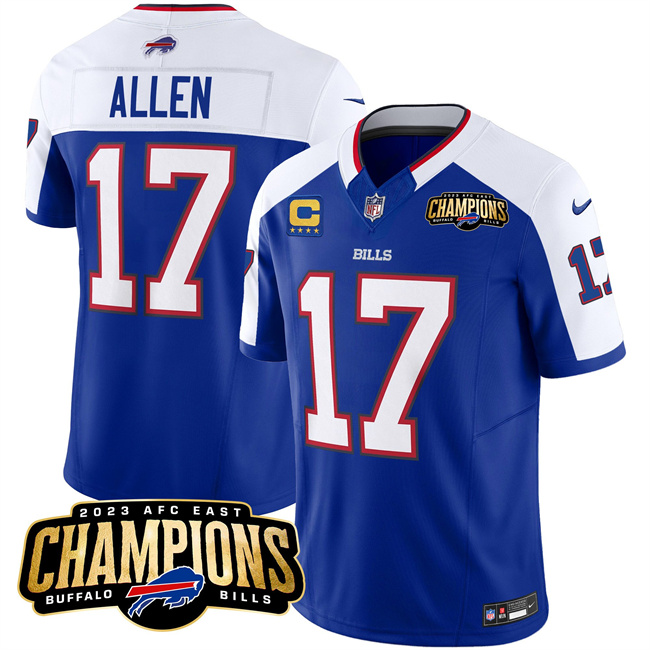 Men's Buffalo Bills #17 Josh Allen Blue White 2023 F.U.S.E. AFC East Champions With 4-Star C Ptach Stitched Football Jersey Men's Buffalo Bills #17 Josh Allen Blue White 2023 F.U.S.E. AFC East Champions With 4-Star C Ptach Stitched Football Jersey