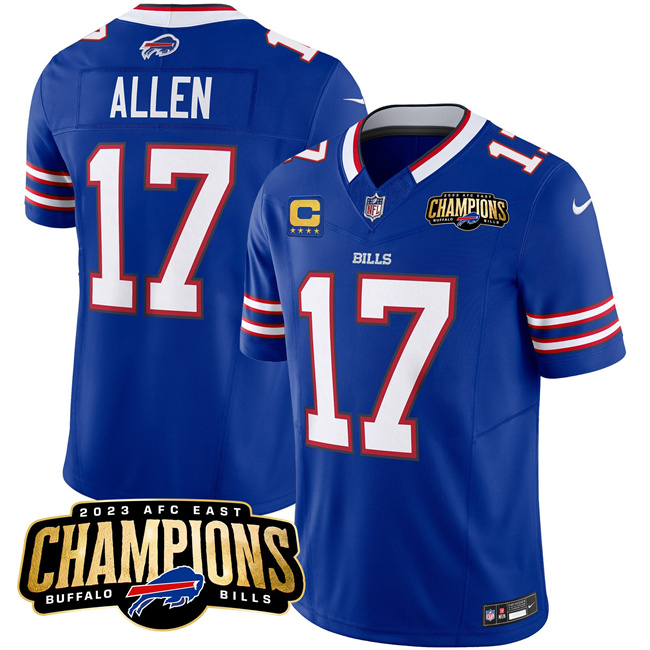 Men's Buffalo Bills #17 Josh Allen Blue 2023 F.U.S.E. AFC East Champions With 4-Star C Ptach Stitched Football Jersey