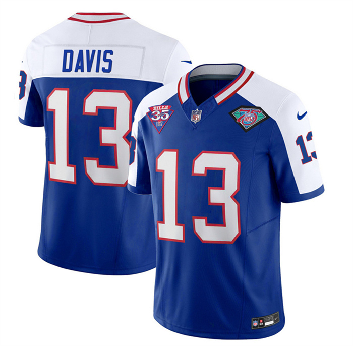 Men's Buffalo Bills #13 Gabe Davis Blue White 35th And 75th Patch 2023 F.U.S.E. Throwback Vapor Untouchable Limited Stitched Jersey Men's Buffalo Bills #13 Gabe Davis Blue White 35th And 75th Patch 2023 F.U.S.E. Throwback Vapor Untouchable Limited Stitched Jersey
