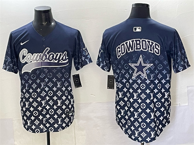Men's Dallas Cowboys Team Big Logo Navy Limited Stitched Baseball Jersey 3