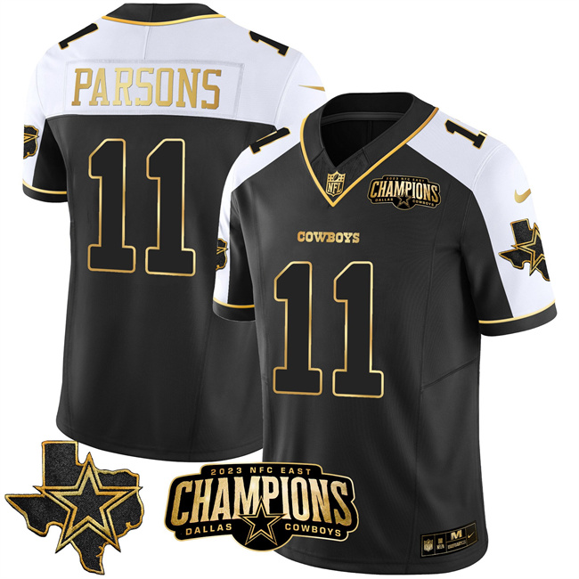 Men's Dallas Cowboys #11 Micah Parsons Black White Gold 2023 F.U.S.E. NFC East Champions Patch Stitched Football Jersey
