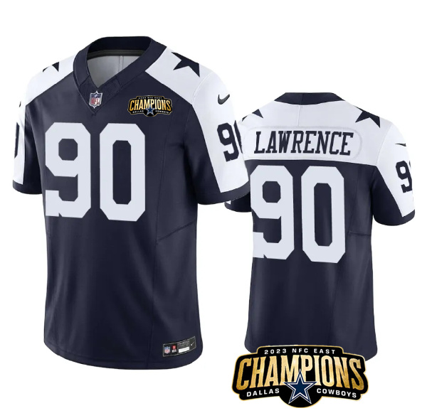 Men's Dallas Cowboys #90 DeMarcus Lawrence Navy White 2023 F.U.S.E. NFC East Champions Patch Stitched Football Jersey Men's Dallas Cowboys #90 DeMarcus Lawrence Navy White 2023 F.U.S.E. NFC East Champions Patch Stitched Football Jersey