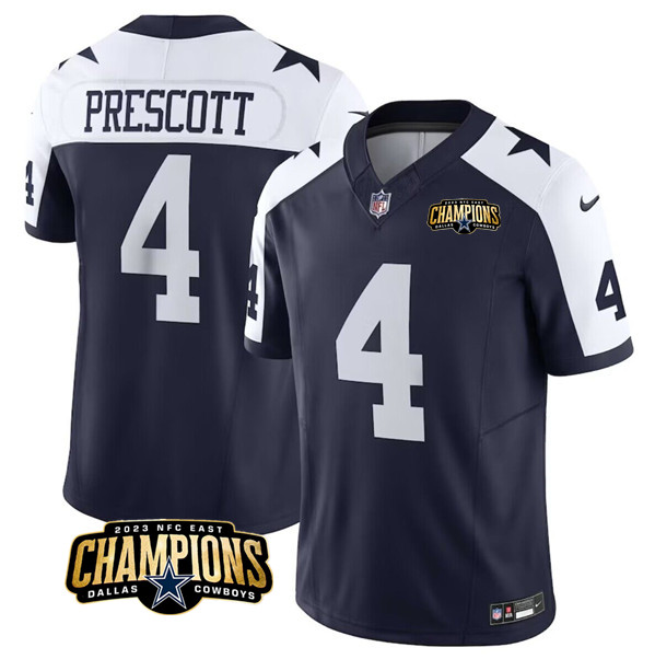 Men's Dallas Cowboys #4 Dak Prescott Navy White 2023 F.U.S.E. NFC East Champions Patch Stitched Football Jersey