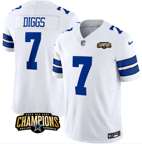 Men's Dallas Cowboys #7 Trevon Diggs White 2023 F.U.S.E. NFC East Champions Patch Stitched Football Jersey