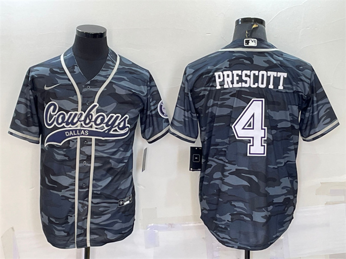 Men's Dallas Cowboys #4 Dak Prescott Grey Camo With Patch Cool Base Stitched Baseball Jersey Men's Dallas Cowboys #4 Dak Prescott Grey Camo With Patch Cool Base Stitched Baseball Jersey