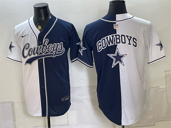 Men's Dallas Cowboys Team Big Logo White Navy Split Stitched Jersey 003