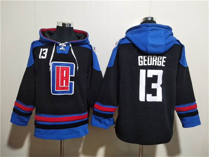 Men's Los Angeles Clippers #13 Paul George Black Blue Lace-Up Pullover Hoodie