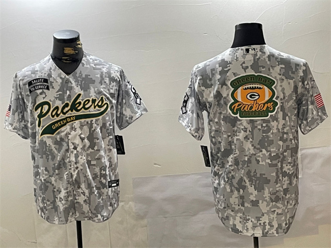 Men's Green Bay Packers Team Big Logo 2024 Arctic Camo Salute To Service Stitched Baseball Jersey 1