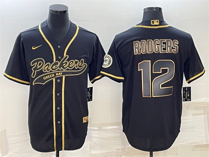 Men's Green Bay Packers #12 Aaron Rodgers Black Gold With Patch Cool Base Stitched Baseball Jersey Men's Green Bay Packers #12 Aaron Rodgers Black Gold With Patch Cool Base Stitched Baseball Jersey