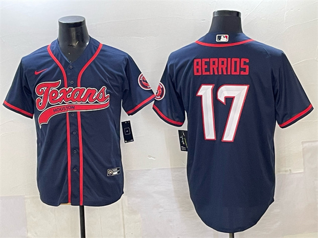 Men's Houston Texans #17 Braxton Berrios Navy With Patch Cool Base Stitched Baseball Jersey 1