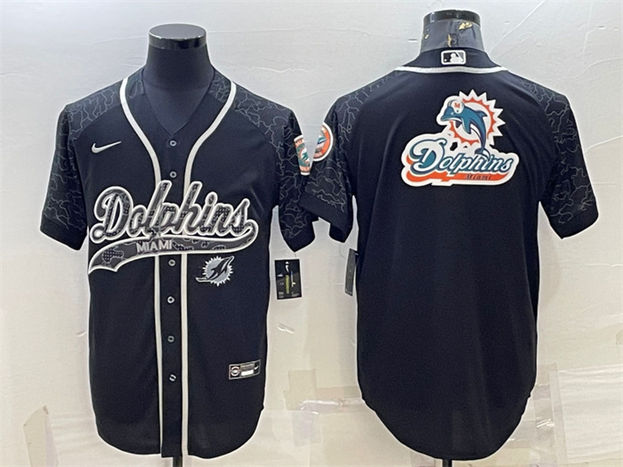 Men's Miami Dolphins Black Reflective Team Big Logo With Patch Cool Base Stitched Baseball Jersey Men's Miami Dolphins Black Reflective Team Big Logo With Patch Cool Base Stitched Baseball Jersey