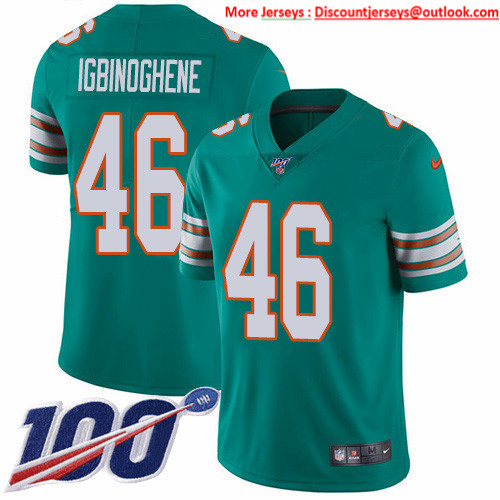 Nike Dolphins #46 Noah Igbinoghene Aqua Green Alternate Men's Stitched NFL 100th Season Vapor Untouchable Limited Jersey