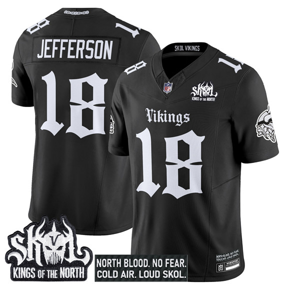 Men's Minnesota Vikings #18 Justin Jefferson Black 2025 F.U.S.E. Kings of the North Patch Gothic Norseblood Edition' Vapor Untouchable Limited Stitched Football Jersey
