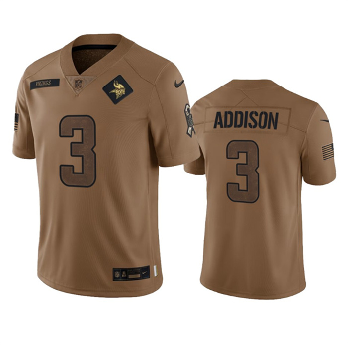 Men's Minnesota Vikings #3 Jordan Addison 2023 Brown Salute To Service Limited Stitched Jersey Men's Minnesota Vikings #3 Jordan Addison 2023 Brown Salute To Service Limited Stitched Jersey