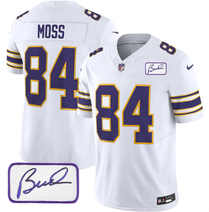 Men's Minnesota Vikings #84 Randy Moss White 2023 F.U.S.E. Bud Grant Patch Limited Stitched Jersey Men's Minnesota Vikings #84 Randy Moss White 2023 F.U.S.E. Bud Grant Patch Limited Stitched Jersey
