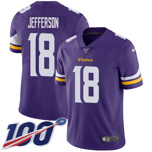 Nike Vikings #18 Justin Jefferson Purple Team Color Men's Stitched NFL 100th Season Vapor Untouchable Limited Jersey Nike Vikings #18 Justin Jefferson Purple Team Color Men's Stitched NFL 100th Season Vapor Untouchable Limited Jersey