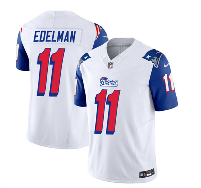 Men's New England Patriots #11 Julian Edelman White Blue 2023 F.U.S.E. Throwback Limited Stitched Football Jersey Men's New England Patriots #11 Julian Edelman White Blue 2023 F.U.S.E. Throwback Limited Stitched Football Jersey