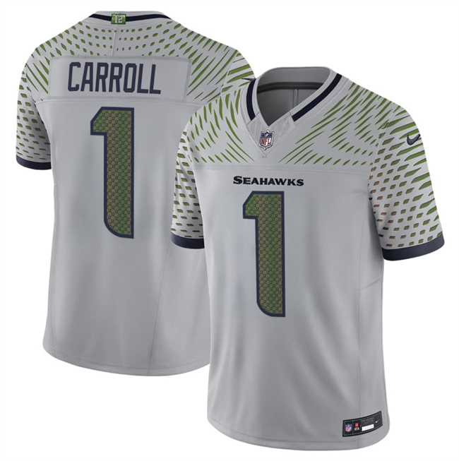 Men's Seattle Seahawks #1 Pete Carroll Grey 2025 F.U.S.E. “Rivalries” Vapor Untouchable Limited Stitched Football Jersey