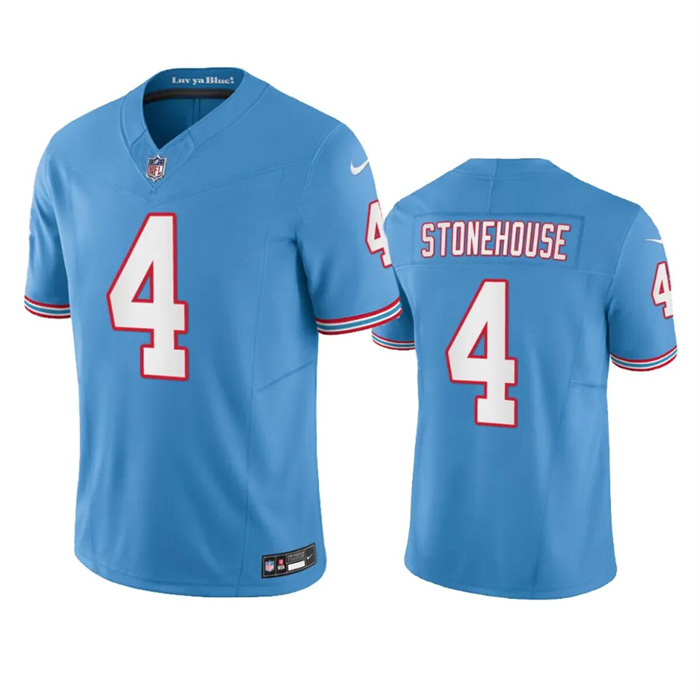Men's Tennessee Titans #4 Ryan Stonehouse Light Blue 2023 F.U.S.E. Vapor Limited Throwback Stitched Football Jersey Men's Tennessee Titans #4 Ryan Stonehouse Light Blue 2023 F.U.S.E. Vapor Limited Throwback Stitched Football Jersey