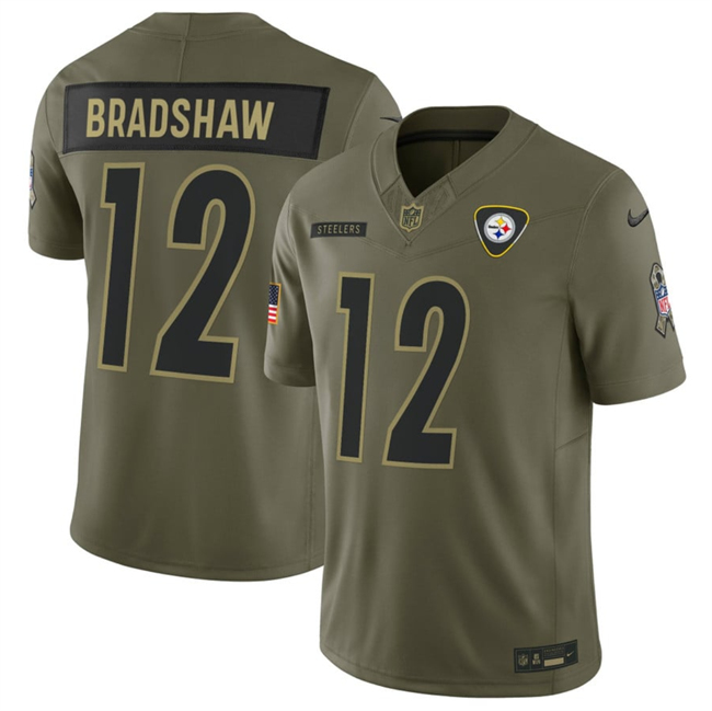 Men's Pittsburgh Steelers #12 Terry Bradshaw Olive 2025 F.U.S.E. Salute to Service Limited Stitched Football Jersey Men's Pittsburgh Steelers #12 Terry Bradshaw Olive 2025 F.U.S.E. Salute to Service Limited Stitched Football Jersey