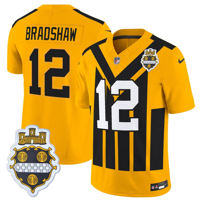 Men's Pittsburgh Steelers #12 Terry Bradshaw Gold 1933 F.U.S.E. Throwback Alternate Football Stitched Football Jersey 2 Men's Pittsburgh Steelers #12 Terry Bradshaw Gold 1933 F.U.S.E. Throwback Alternate Football Stitched Football Jersey 2