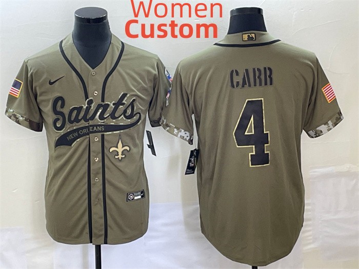 Custom Women New Orleans Saints #4 Derek Carr Olive Salute To Service Baseball Jersey