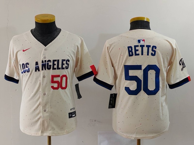 Youth Los Angeles Dodgers #50 Mookie Betts Cream 2024 City Connect Limited Stitched Baseball Jersey 3