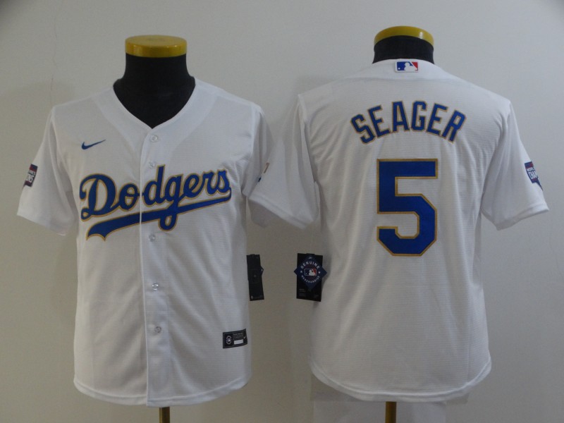 Youth Los Angeles Dodgers #5 Corey Seager Nike White Gold 2021 Gold Program Player Jerseys Youth Los Angeles Dodgers #5 Corey Seager Nike White Gold 2021 Gold Program Player Jerseys