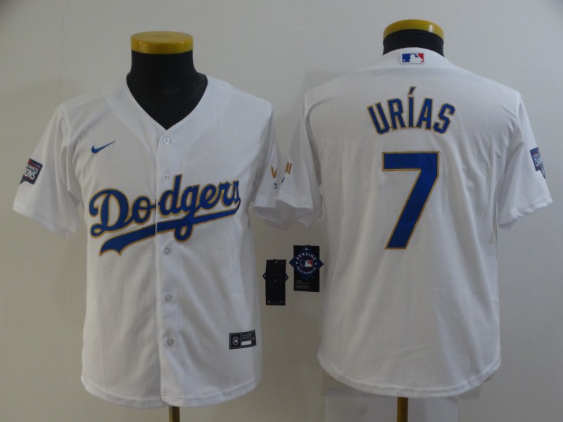 Youth Dodgers #7 Julio Urias White 2021 Gold Program Replica Jersey Youth Dodgers #7 Julio Urias White 2021 Gold Program Replica Jersey