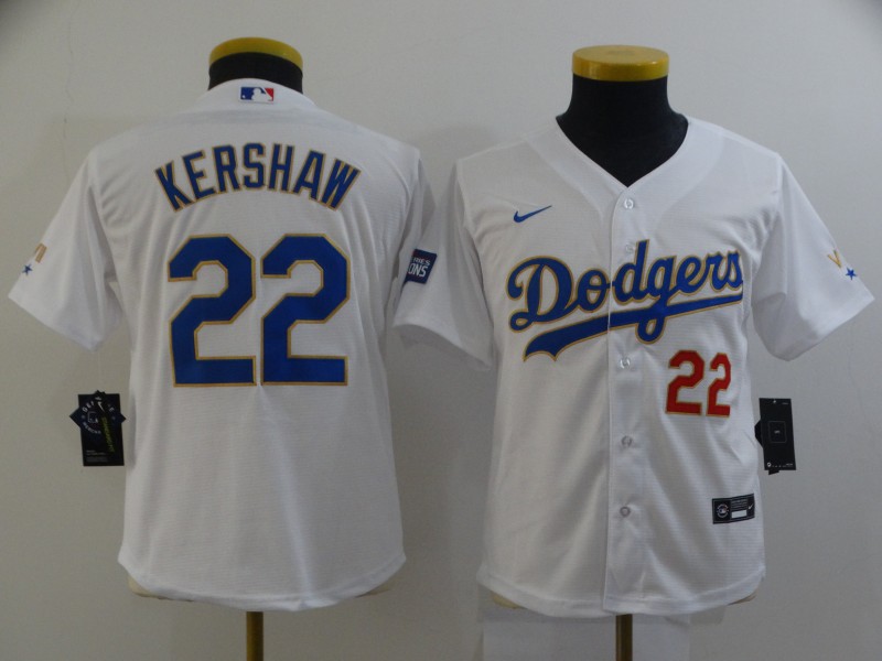 Youth Dodgers 22 Clayton Kershaw White Youth Nike 2021 Gold Program Cool Base Jersey Youth Dodgers 22 Clayton Kershaw White Youth Nike 2021 Gold Program Cool Base Jersey
