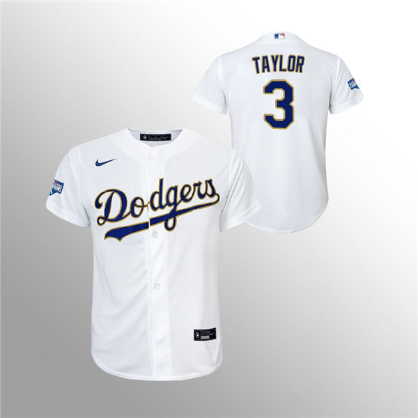 Youth Dodgers #3 Chris Taylor White 2021 Gold Program Replica Jersey Youth Dodgers #3 Chris Taylor White 2021 Gold Program Replica Jersey
