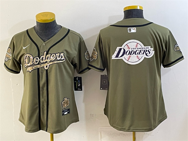 Youth Los Angeles Dodgers Team Big Logo Olive 2026 Military Appreciation Game Day Stitched Baseball Jersey