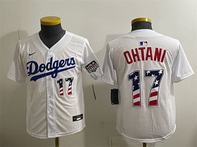 Youth Los Angeles Dodgers #17 Shohei Ohtani White USA 250 Fourth of July Home Stitched Baseball Jersey