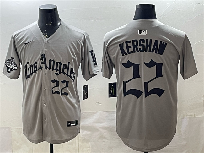 Men's Los Angeles Dodgers #22 Clayton Kershaw Grey LA Gothic Style With 2025 World Series Champions Patch Limited Stitched Baseball Jersey