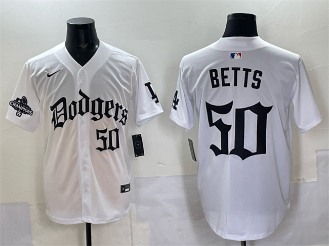 Men's Los Angeles Dodgers #50 Mookie Betts White 2025 LA Gothic Style With 2024 World Series Champions Patch Vapor Premier Limited Stitched Baseball Jersey Men's Los Angeles Dodgers #50 Mookie Betts White 2025 LA Gothic Style With 2024 World Series Champions Patch Vapor Premier Limited Stitched Baseball Jersey