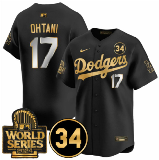 Men's Los Angeles Dodgers #17 Shohei Ohtani Black Gold 2024 World Series & #34 Fernando Patch Vapor Limited Stitched Baseball Jersey Men's Los Angeles Dodgers #17 Shohei Ohtani Black Gold 2024 World Series & #34 Fernando Patch Vapor Limited Stitched Baseball Jersey