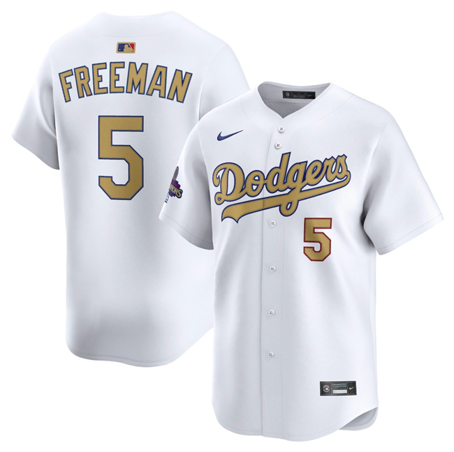 Men's Los Angeles Dodgers #5 Freddie Freeman White 2025 Gold Collection Limited Stitched Baseball Jersey Men's Los Angeles Dodgers #5 Freddie Freeman White 2025 Gold Collection Limited Stitched Baseball Jersey